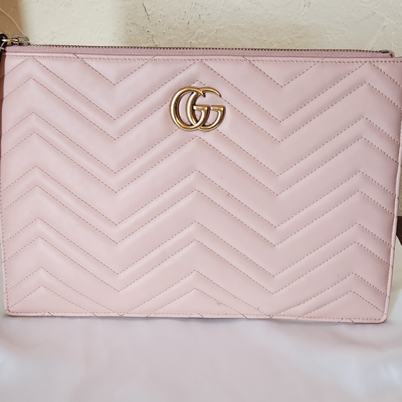 Gucci Marmont Pink Leather Large Pouch Clutch - Picture 2 of 12
